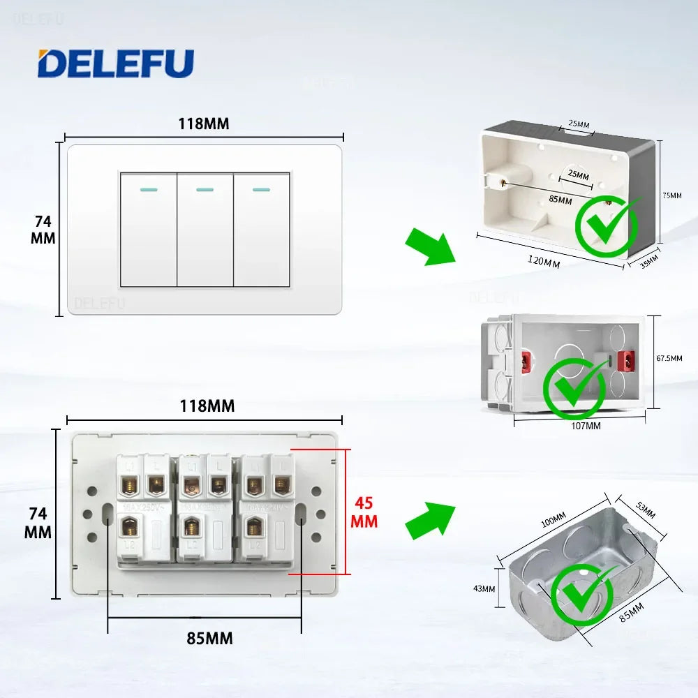 DELEFU 118*72mm PC Panel Parallel 3gang 2way Grey Black White Gold Wall Switch