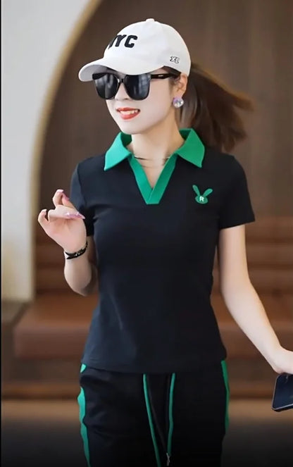 Women's Casual Sports Suit 2025 New Summer Spring Style Clothes Fashion Short Sleeve Lapel T-shirt Wide Leg Pants Two Piece Set