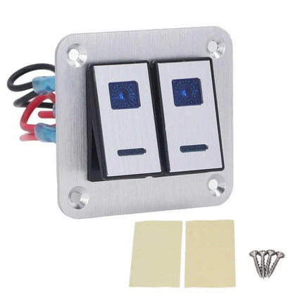 Rocker Switch Panel Blue LED Light 2 Gang On Off Switch Panel Pre Wired SPST Aluminum Alloy DC 12V-24V with DIY Sticker for rv