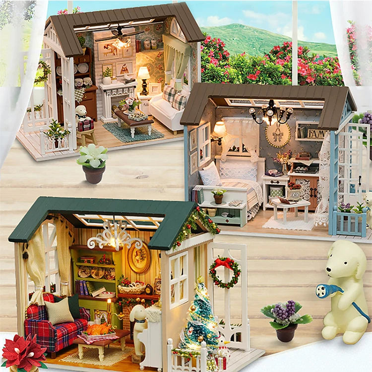 Kitten Mini Wooden Doll House Model Building Kits Toy Home Kit Creative Room Bedroom Decoration with Furniture For Birthday Gift