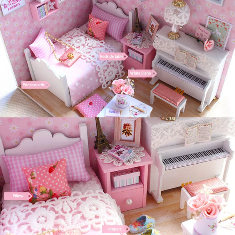 Kitten Mini Wooden Doll House Model Building Kits Toy Home Kit Creative Room Bedroom Decoration with Furniture For Birthday Gift