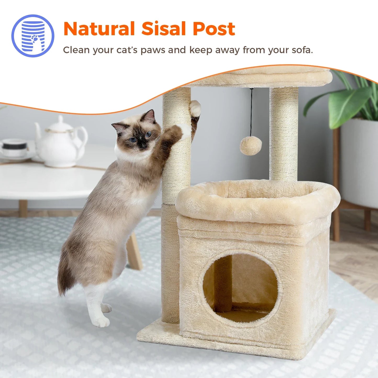 Cat Tree Cat Tower for Indoor Cats with Private Cozy Cat Condo Natural Sisal Scratching Posts and Plush Pom-pom for Small Cats