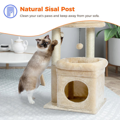 Cat Tree Cat Tower for Indoor Cats with Private Cozy Cat Condo Natural Sisal Scratching Posts and Plush Pom-pom for Small Cats
