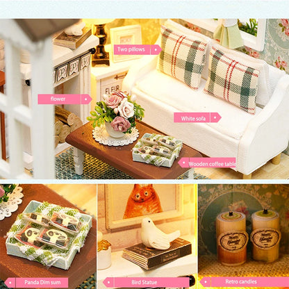 Kitten Mini Wooden Doll House Model Building Kits Toy Home Kit Creative Room Bedroom Decoration with Furniture For Birthday Gift