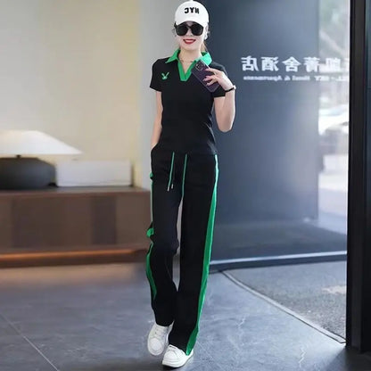 Women's Casual Sports Suit 2025 New Summer Spring Style Clothes Fashion Short Sleeve Lapel T-shirt Wide Leg Pants Two Piece Set