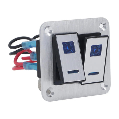 Rocker Switch Panel Blue LED Light 2 Gang On Off Switch Panel Pre Wired SPST Aluminum Alloy DC 12V-24V with DIY Sticker for rv