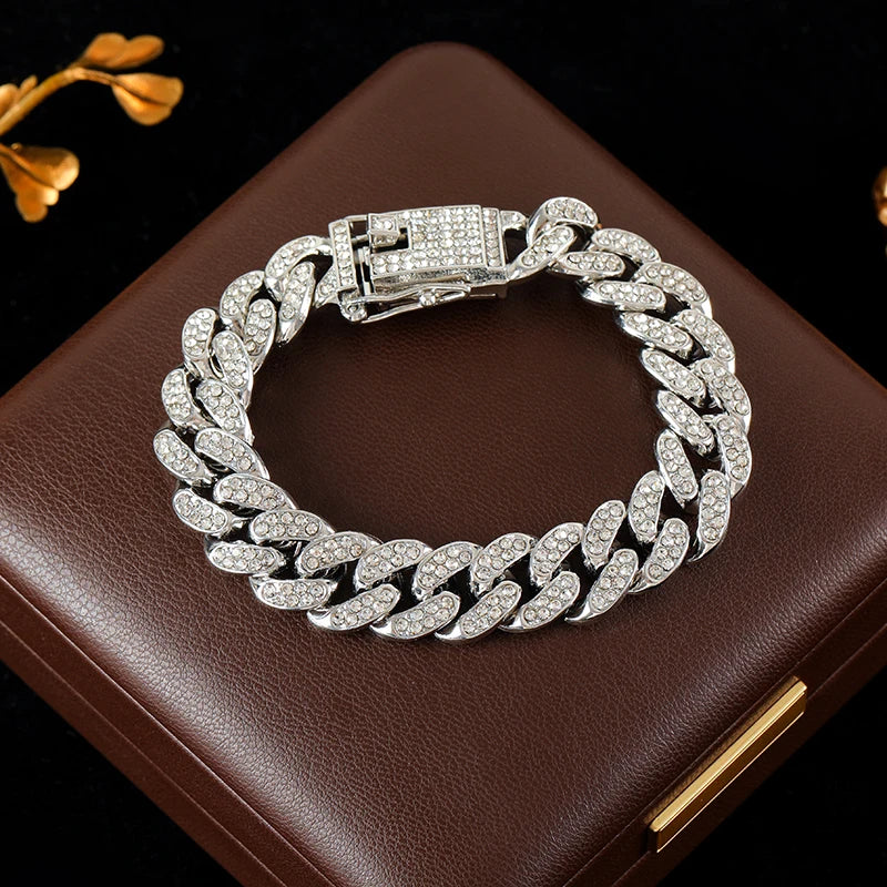 GANEMLY Thick Cuban Chain Rhinestone Necklace Bracelet Set For Women Men New Trendy Punk 18K Gold Plated Waterproof Jewelry Set