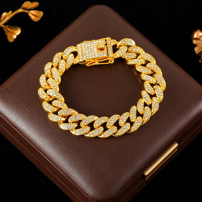 GANEMLY Thick Cuban Chain Rhinestone Necklace Bracelet Set For Women Men New Trendy Punk 18K Gold Plated Waterproof Jewelry Set