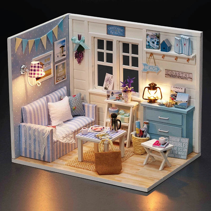 Kitten Mini Wooden Doll House Model Building Kits Toy Home Kit Creative Room Bedroom Decoration with Furniture For Birthday Gift
