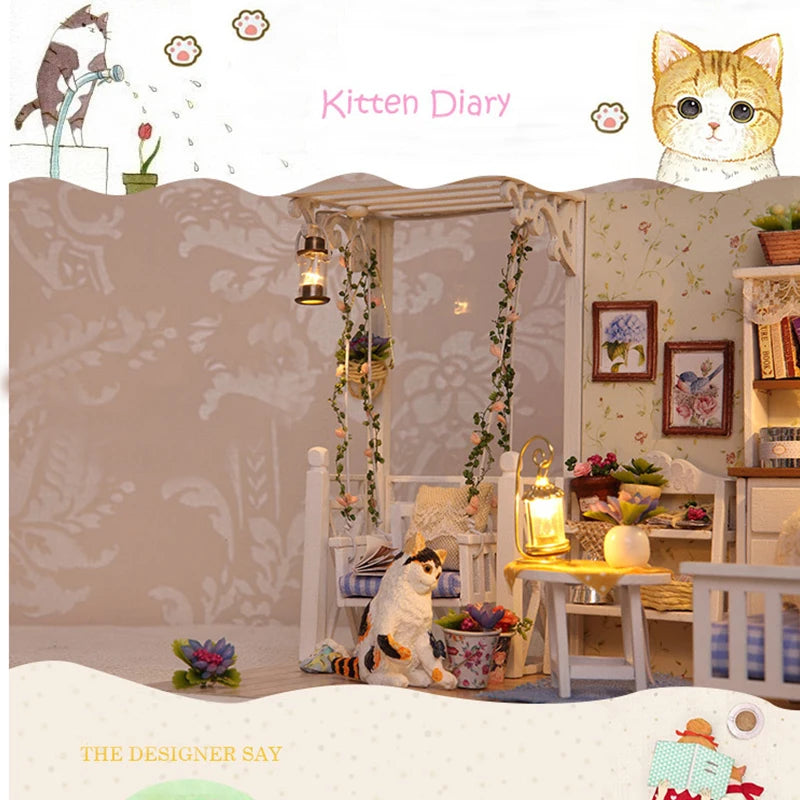 Kitten Mini Wooden Doll House Model Building Kits Toy Home Kit Creative Room Bedroom Decoration with Furniture For Birthday Gift