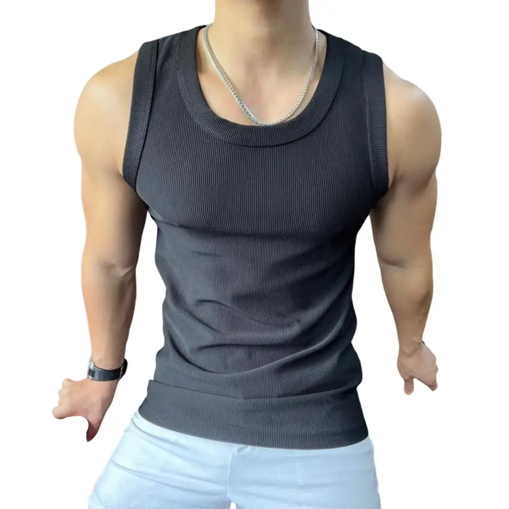 Sport Vest for Men Athletic Tank Top Men's Ribbed Slim Fit Sport Vest Round Neck Tank Top Solid Color Exercise Fitness Tops