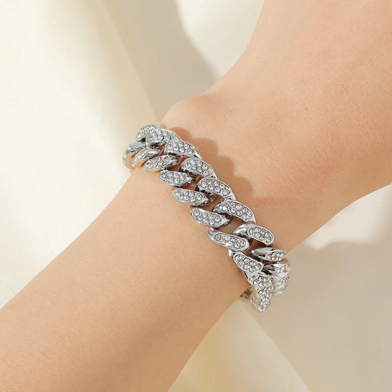 GANEMLY Thick Cuban Chain Rhinestone Necklace Bracelet Set For Women Men New Trendy Punk 18K Gold Plated Waterproof Jewelry Set