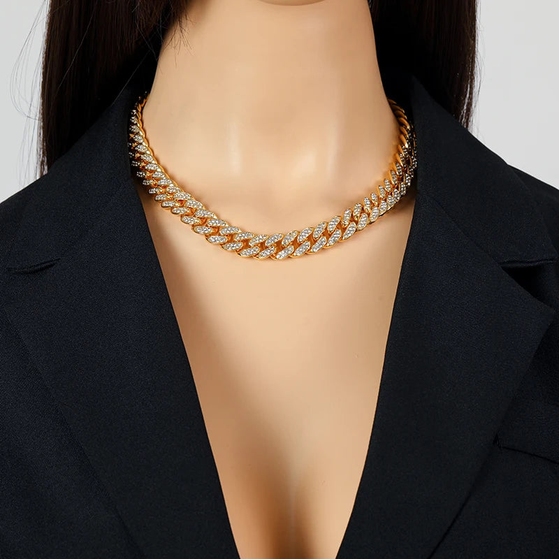 GANEMLY Thick Cuban Chain Rhinestone Necklace Bracelet Set For Women Men New Trendy Punk 18K Gold Plated Waterproof Jewelry Set