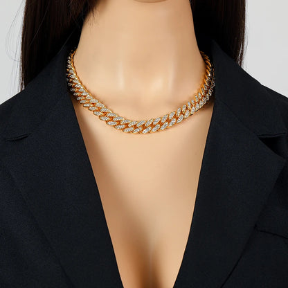 GANEMLY Thick Cuban Chain Rhinestone Necklace Bracelet Set For Women Men New Trendy Punk 18K Gold Plated Waterproof Jewelry Set