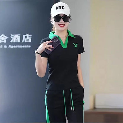 Women's Casual Sports Suit 2025 New Summer Spring Style Clothes Fashion Short Sleeve Lapel T-shirt Wide Leg Pants Two Piece Set