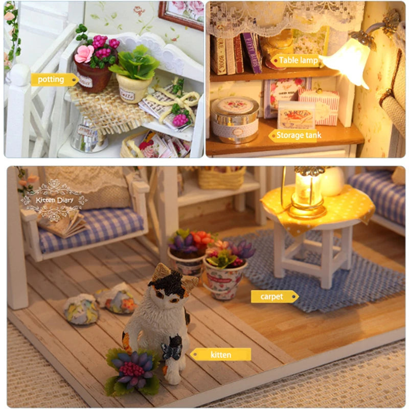 Kitten Mini Wooden Doll House Model Building Kits Toy Home Kit Creative Room Bedroom Decoration with Furniture For Birthday Gift