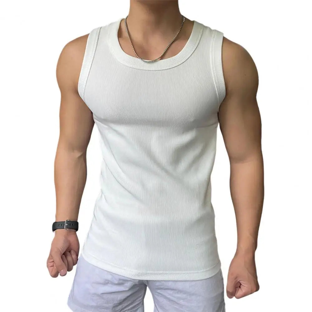 Sport Vest for Men Athletic Tank Top Men's Ribbed Slim Fit Sport Vest Round Neck Tank Top Solid Color Exercise Fitness Tops