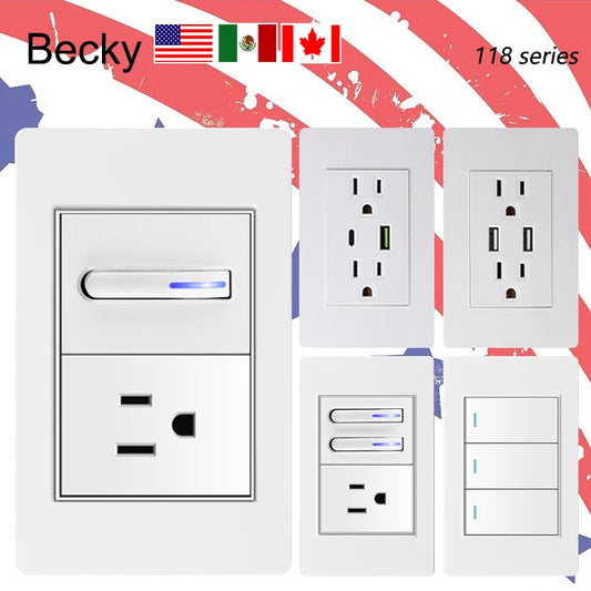 118 type black and white gray PC glass panel, USA, Mexico, Canada Led keyboard wall lamp switch 1/2/3/4Gang, home, hotel, office