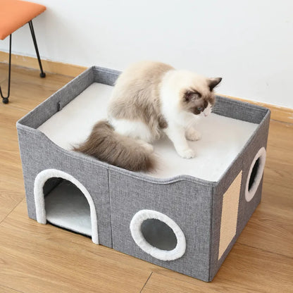 Luxury Cat Tree Bed with Scratching Post - Dual-Level 4-Season Pet Furniture, Organic Bamboo Base & Orthopedic Cushion