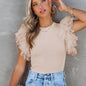 Polka Dot Ruffle Hem Mesh T-Shirt, Casual Crew Neck Short Sleeve T-Shirt For Spring & Summer, Women's Clothing