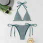 Cross-border 2025 foreign trade split bikini three-point hanging neck lace-up swimsuit fashion backless small chest gathered swimsuit
