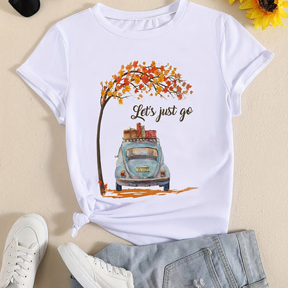 Letter & Car Print T-Shirt, Crew Neck Short Sleeve T-Shirt, Casual Every Day Tops, Women's Clothing