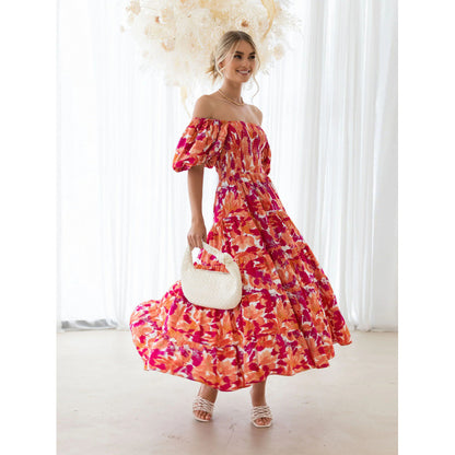 One-shoulder printed puffed-sleeve dress