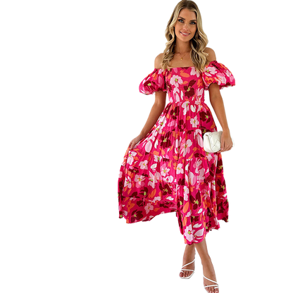 One-shoulder printed puffed-sleeve dress