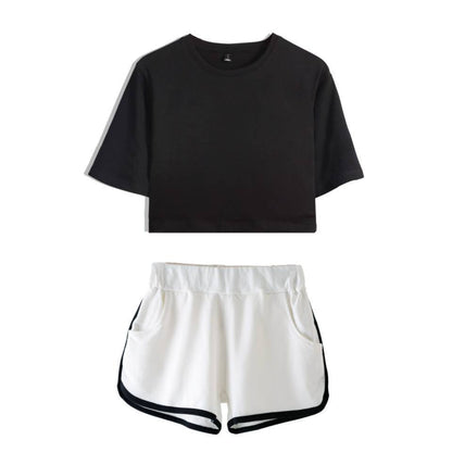 Summer Dance Costume Set Navel Short-sleeved T-shirt Solid Color Shorts Set