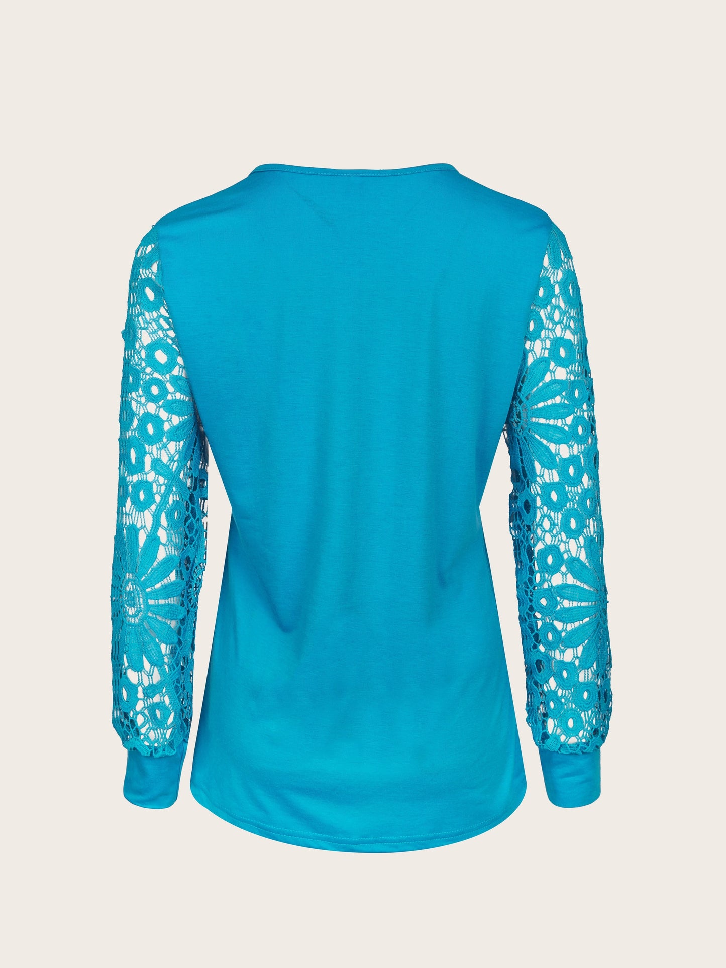 [Lace T-Shirt] Casual Lace Contrast Pleated Front Long Sleeve T-Shirt | Women's Clothing, Button V Neck