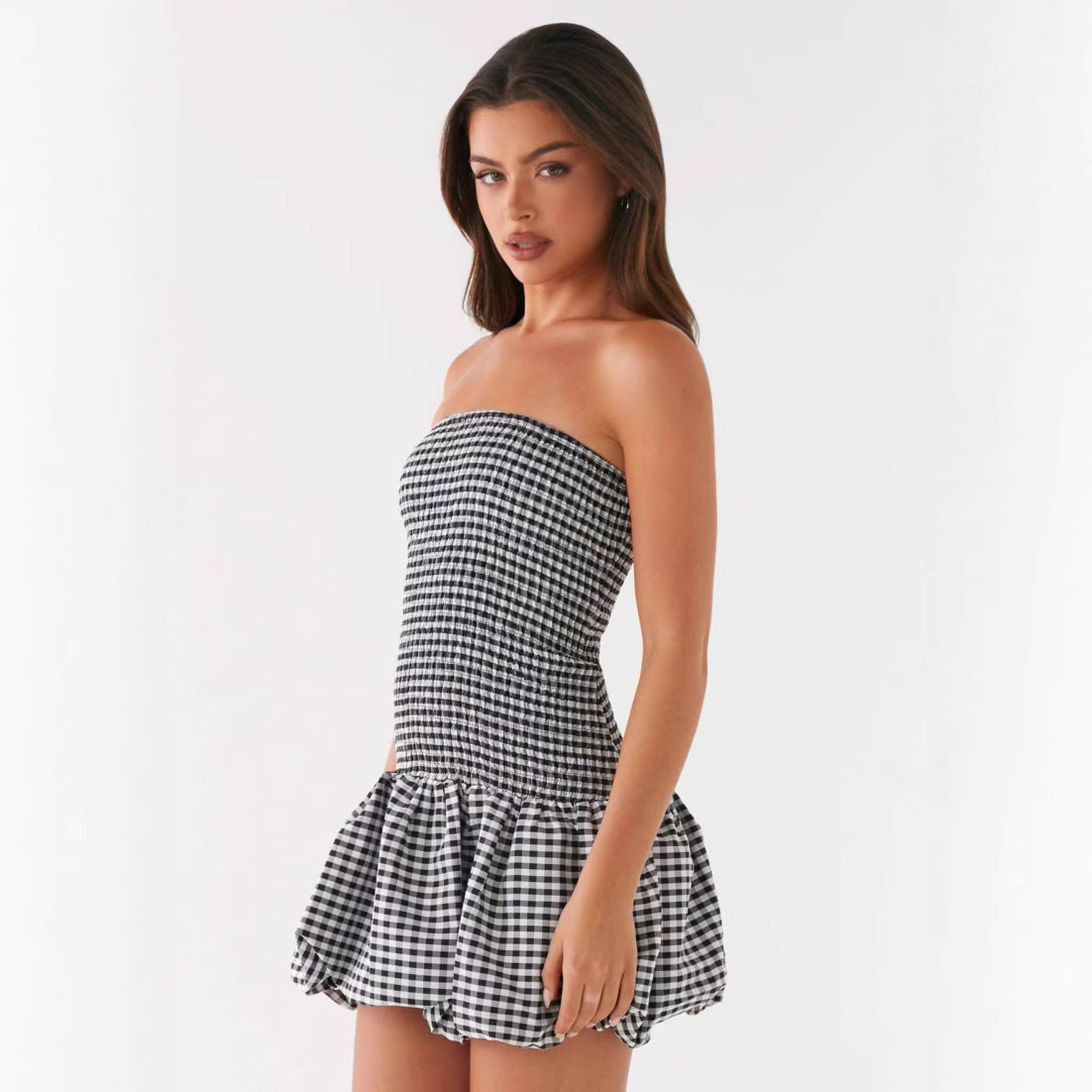 Sexy and spicy plaid strapless puffy dress