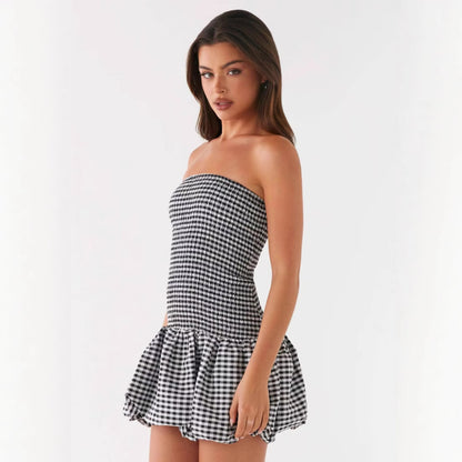 Sexy and spicy plaid strapless puffy dress