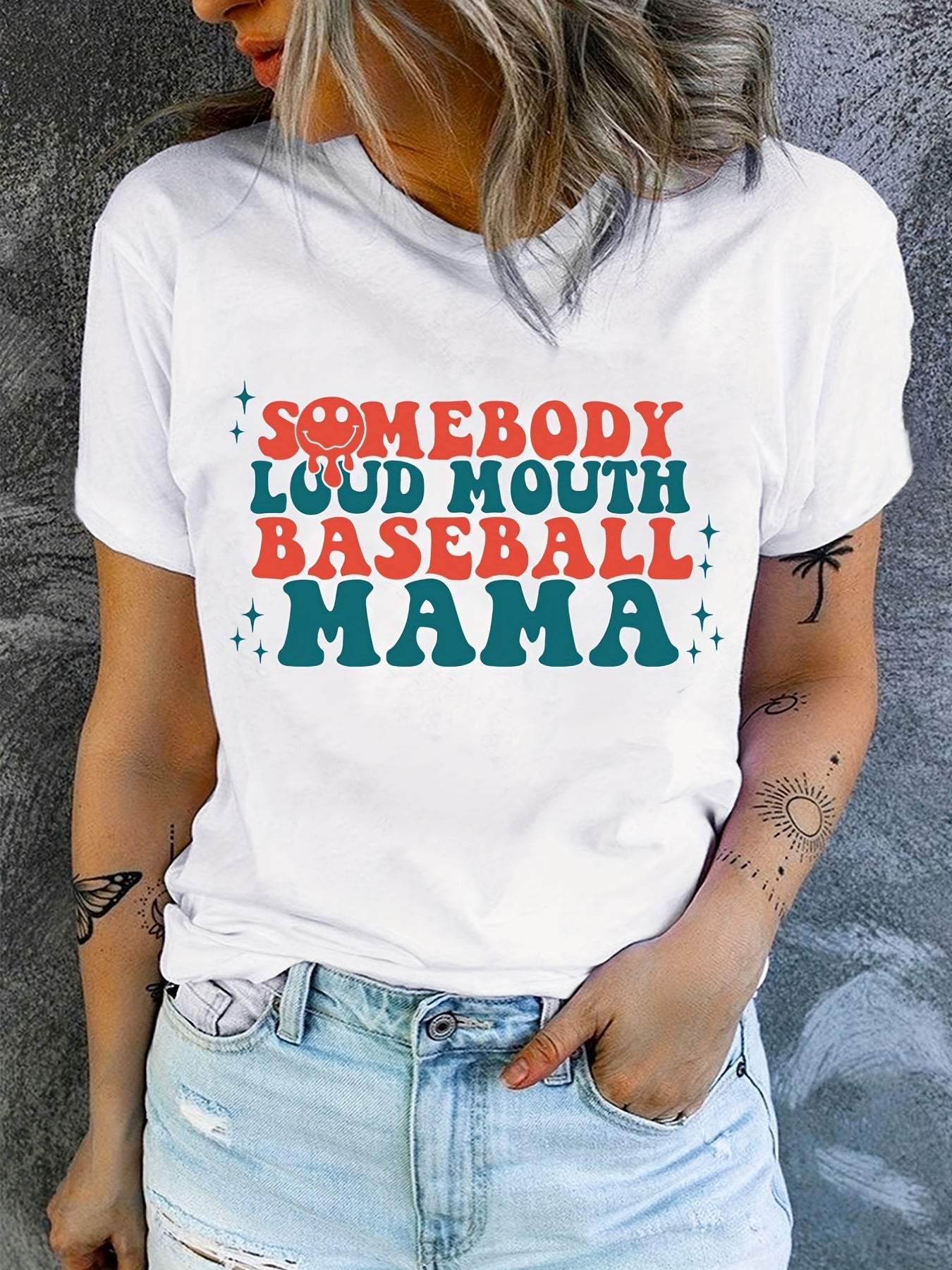 Blessed Grandma Print T-Shirt, Mother's Day Short Sleeve Crew Neck Casual Top For Spring & Summer, Women's Clothing