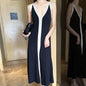 Color-blocked V-neck long strappy knitted dress