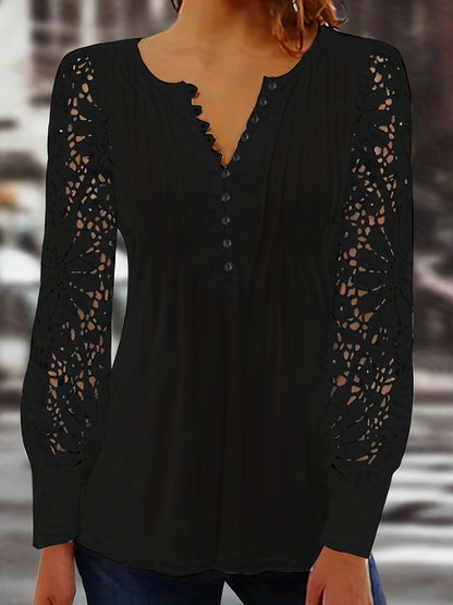 [Lace T-Shirt] Casual Lace Contrast Pleated Front Long Sleeve T-Shirt | Women's Clothing, Button V Neck