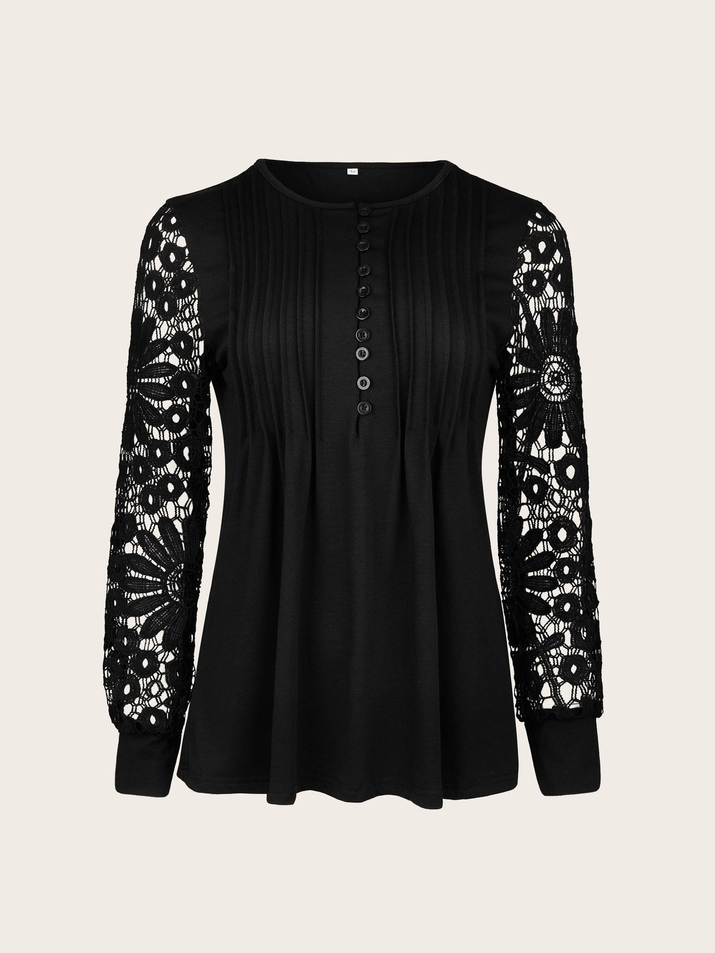 [Lace T-Shirt] Casual Lace Contrast Pleated Front Long Sleeve T-Shirt | Women's Clothing, Button V Neck