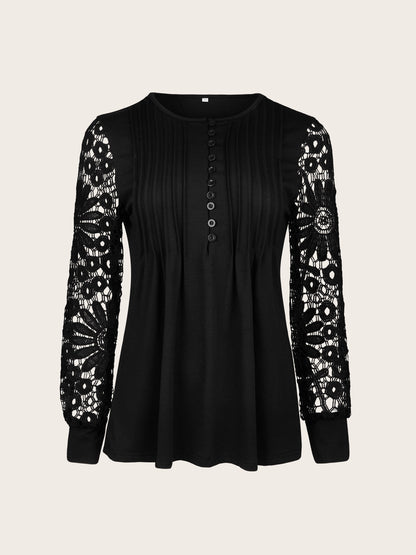 [Lace T-Shirt] Casual Lace Contrast Pleated Front Long Sleeve T-Shirt | Women's Clothing, Button V Neck