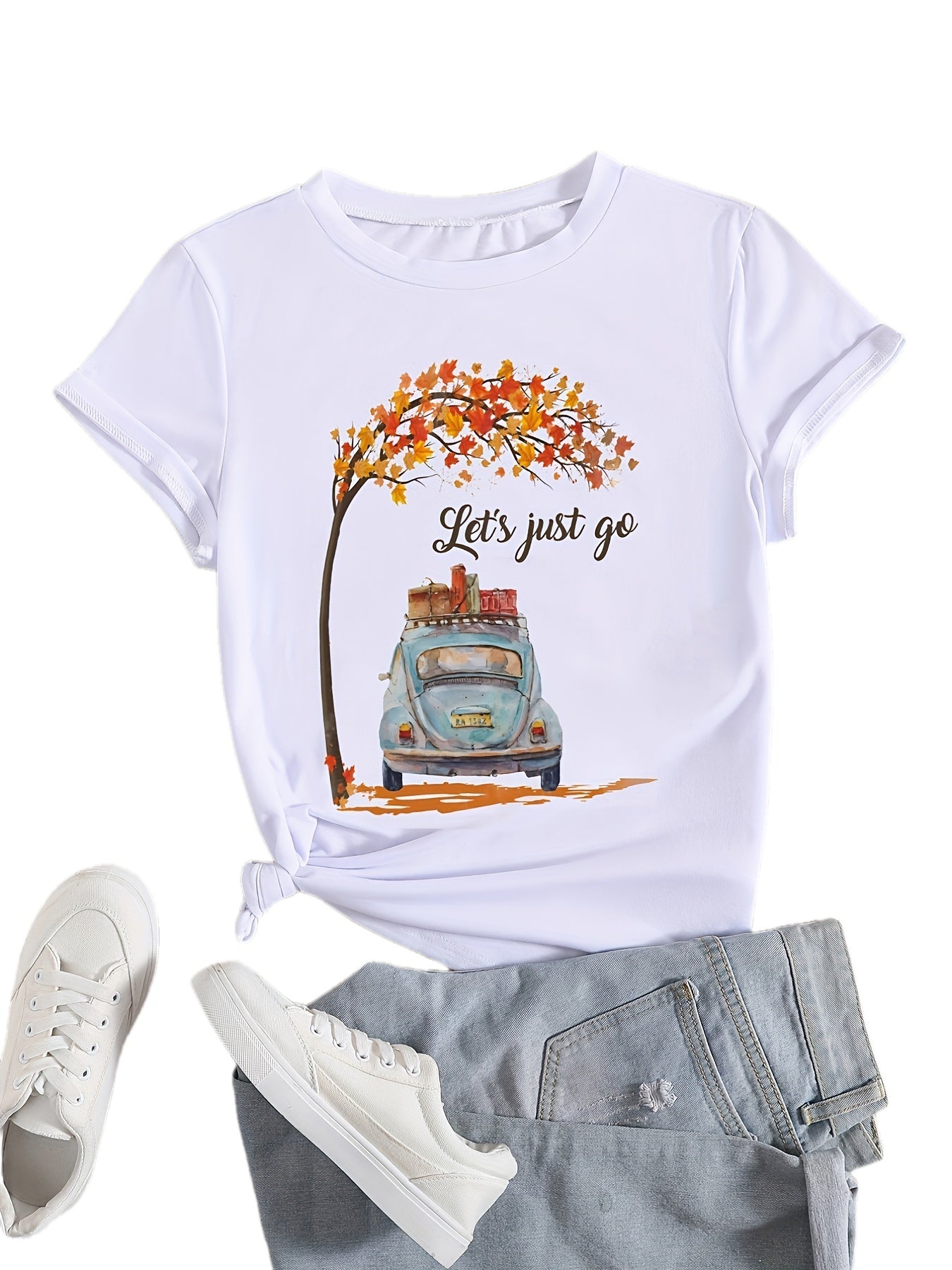 Letter & Car Print T-Shirt, Crew Neck Short Sleeve T-Shirt, Casual Every Day Tops, Women's Clothing