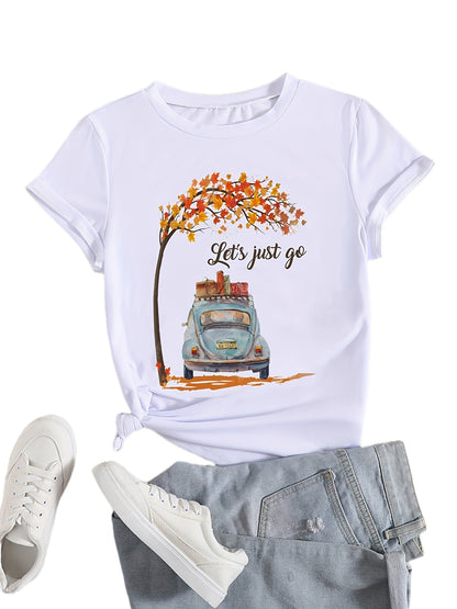 Letter & Car Print T-Shirt, Crew Neck Short Sleeve T-Shirt, Casual Every Day Tops, Women's Clothing