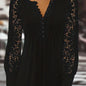 [Lace T-Shirt] Casual Lace Contrast Pleated Front Long Sleeve T-Shirt | Women's Clothing, Button V Neck