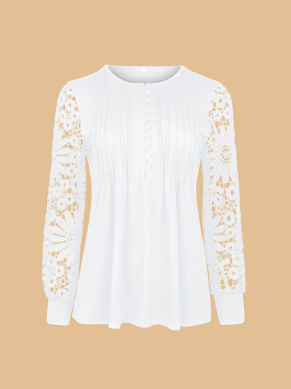 [Lace T-Shirt] Casual Lace Contrast Pleated Front Long Sleeve T-Shirt | Women's Clothing, Button V Neck