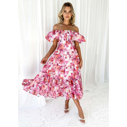 One-shoulder printed puffed-sleeve dress